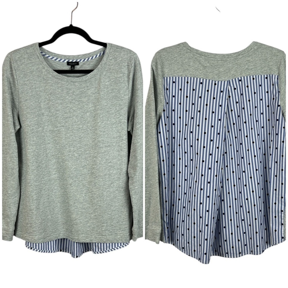 Talbots Cotton Mix Media Striped Polka Dot Long Sleeve Top Medium Grey Blue